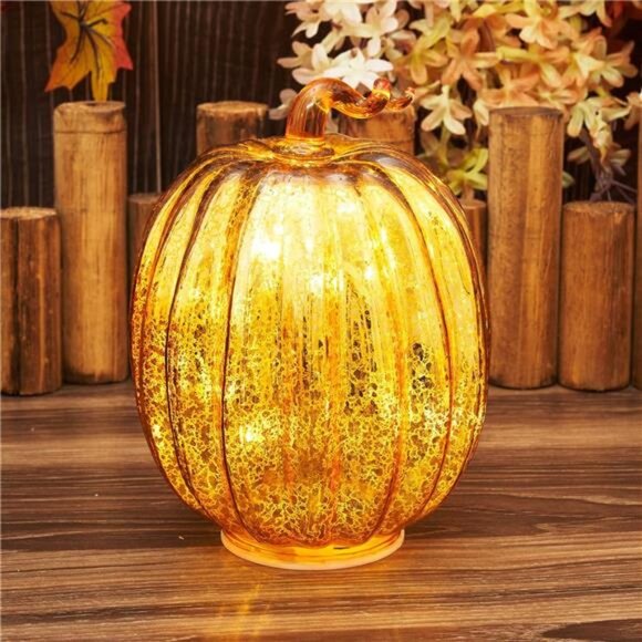 Mercury Glass Pumpkin Decor Timer Operated 7 Inches Pumpkin Decorations Tabletop - Picture 1 of 6